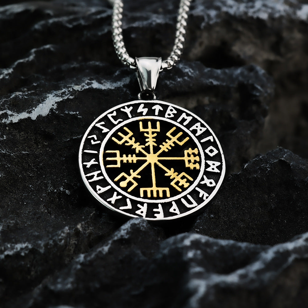 Vintage Men's Titanium Steel Viking Compass Pendant Necklace