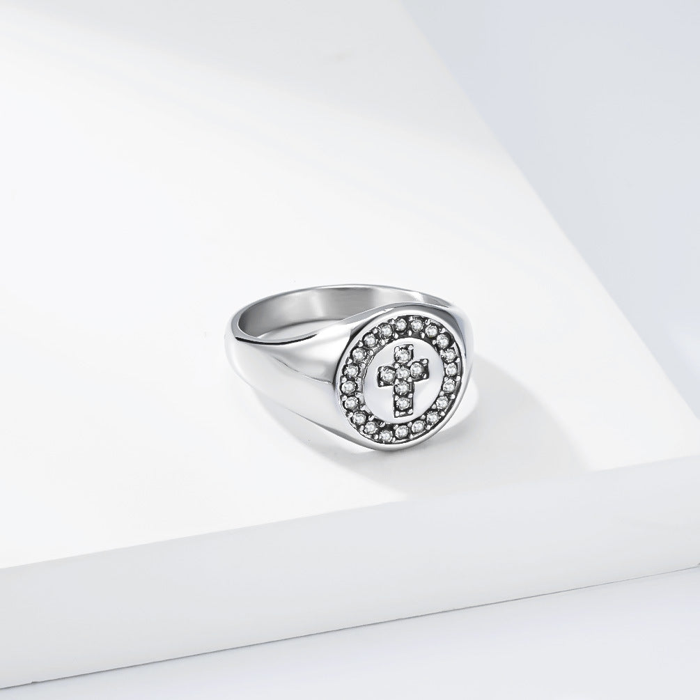 Zircon Cross Ring Titanium Gold Plated Unisex Planderful