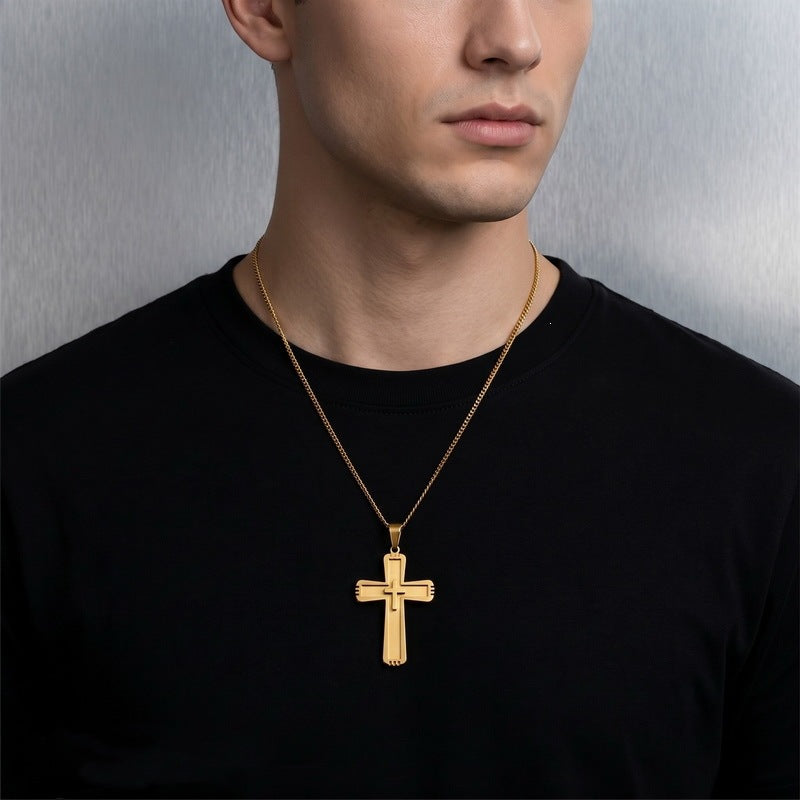 Functional Vacuum Electroplating Mixed Color Double Layer Embedded Small Cross Toothed Stainless Necklace
