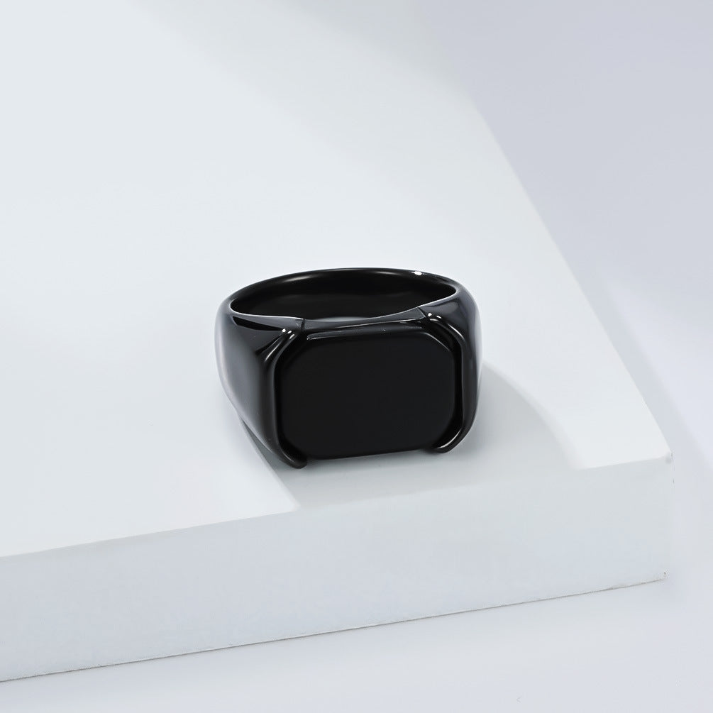 Planderful Glossy Black Gemstone Titanium Steel Ring For Everyday Wear Unisex Bold Minimal Jewelry Sizes 8 To 13