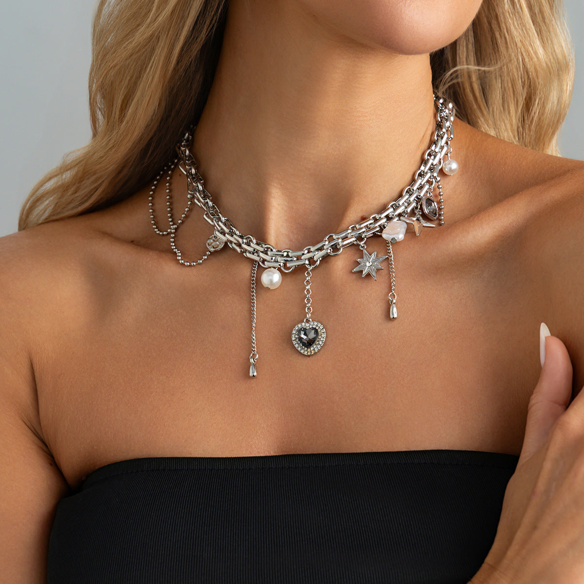 Y2K Heart, Star & Pearl Layered Choker