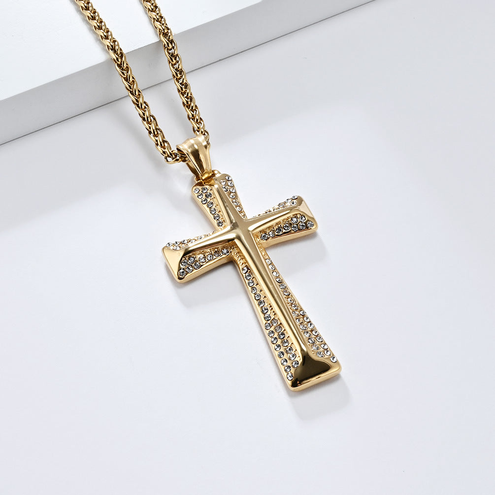 Planderful Premium Gold Plated Zircon Cross Necklace Titanium Steel Unisex Hip Hop Jewelry