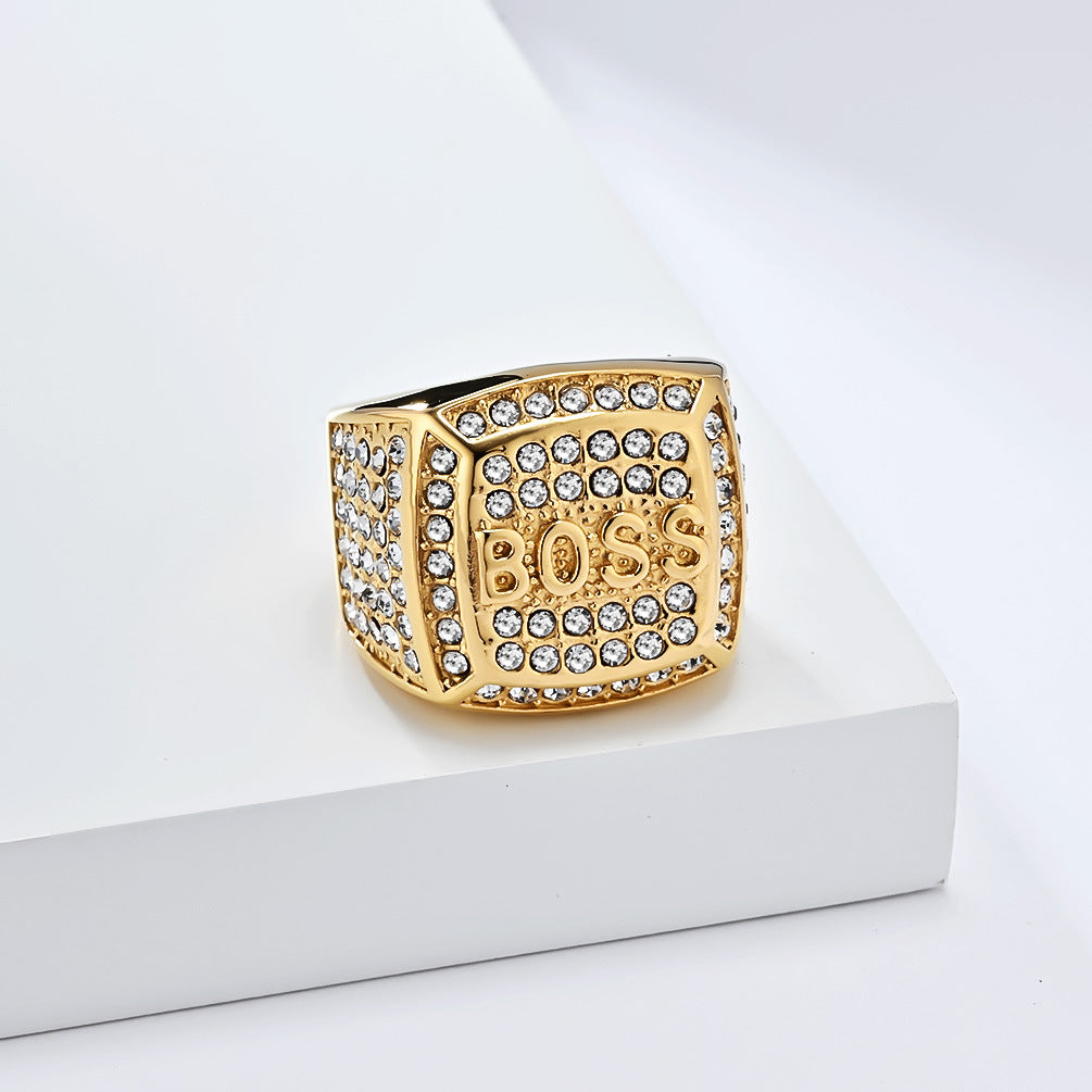 European and American K Gold-Plated Hip-Hop BOSS Ring for Men