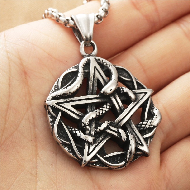 Punk-Inspired Titanium Steel Snake and Star Pendant Necklace for Men