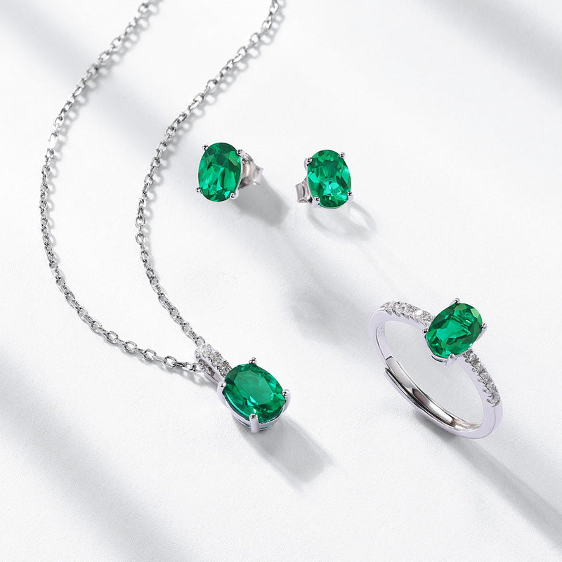 S925 Sterling Silver Lab-Grown Emerald Oval Vintage-Inspired Necklace