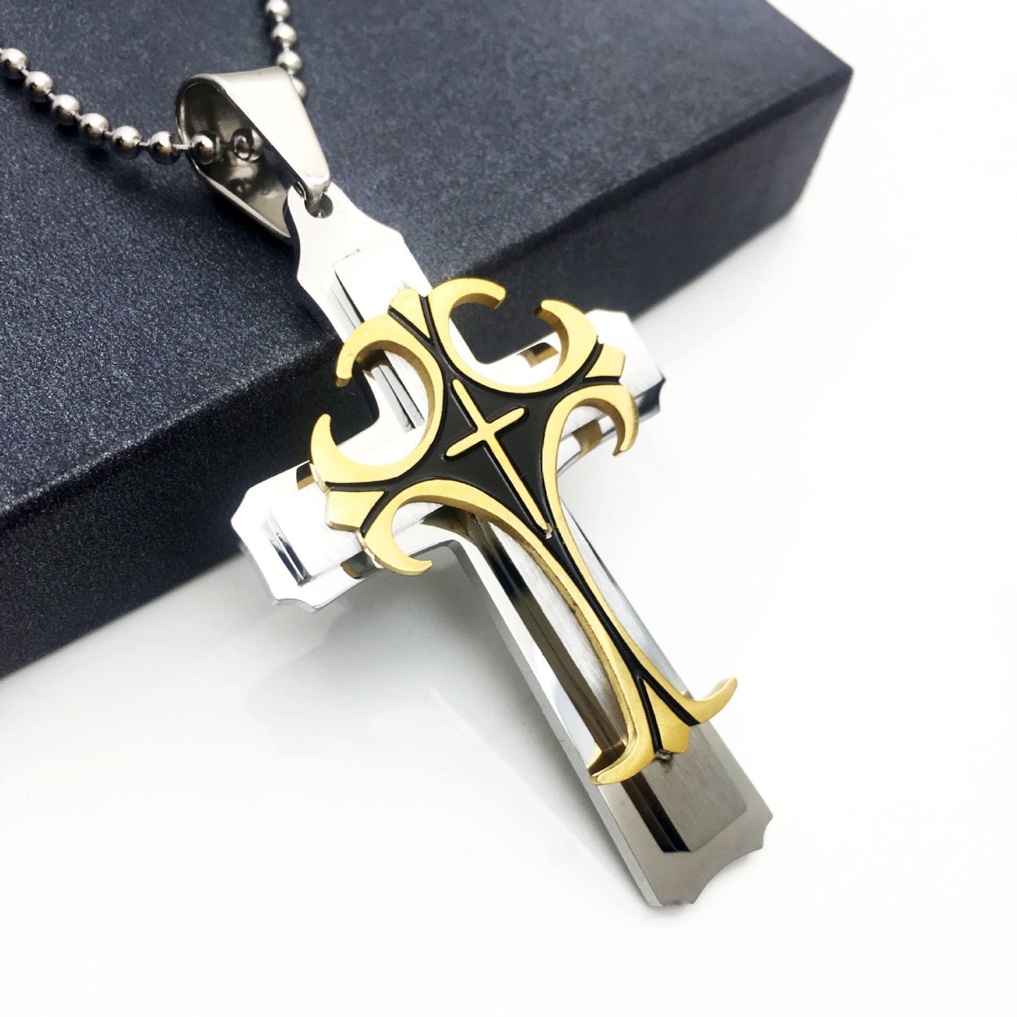 Planderful Titanium Steel Long Necklace With Bold Three Layer Cross Pendant For Men Gift For Him