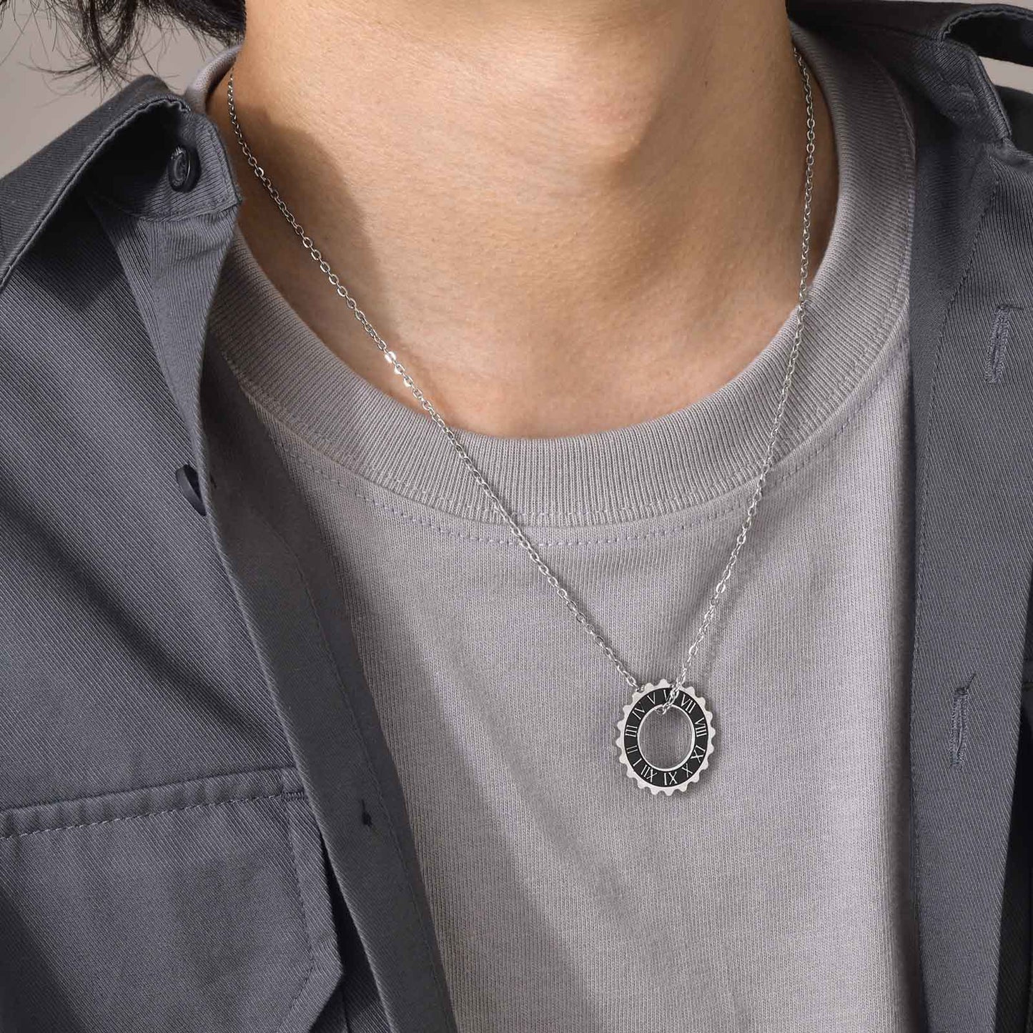 Titanium Steel Pendant Men's Jewelry Roman Numeral Gear Necklace