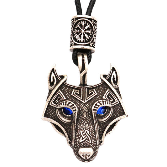 Viking Wolf Head Necklace with Celtic Knot Rune Beads for Men from Norse Legacy Collection