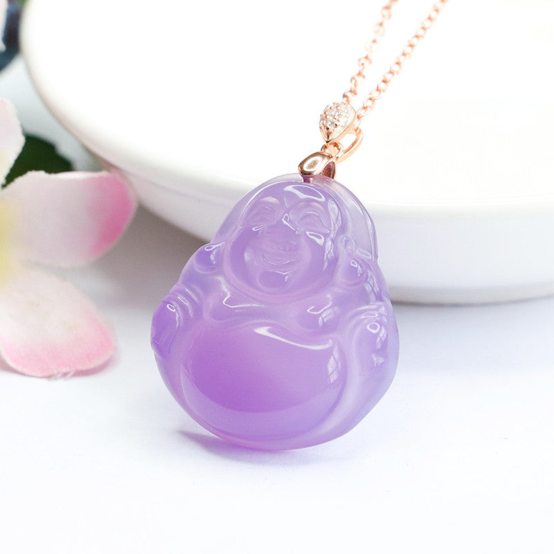 Sterling Silver Necklace with Purple Chalcedony Buddha Pendant