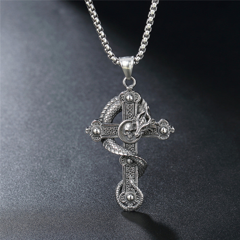 Dragon Cross & Feather Stainless Steel Pendant Necklace