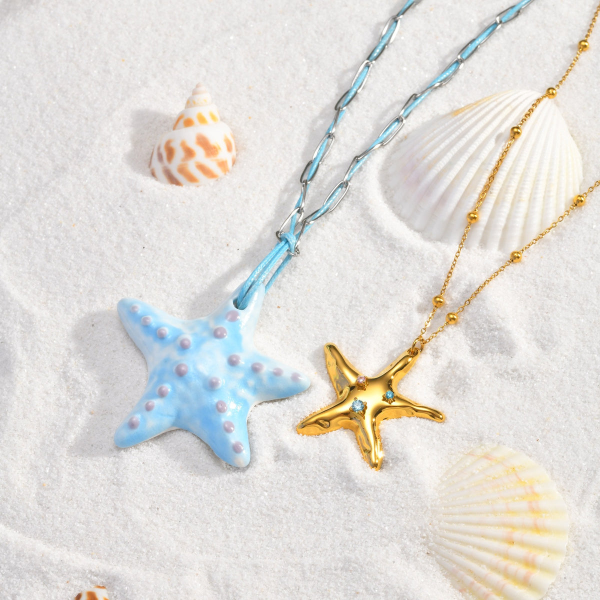 Seaside Vacation Wind Collarbone Chain Stainless Steel Ceramic Starfish Shallow Lake Blue Necklace