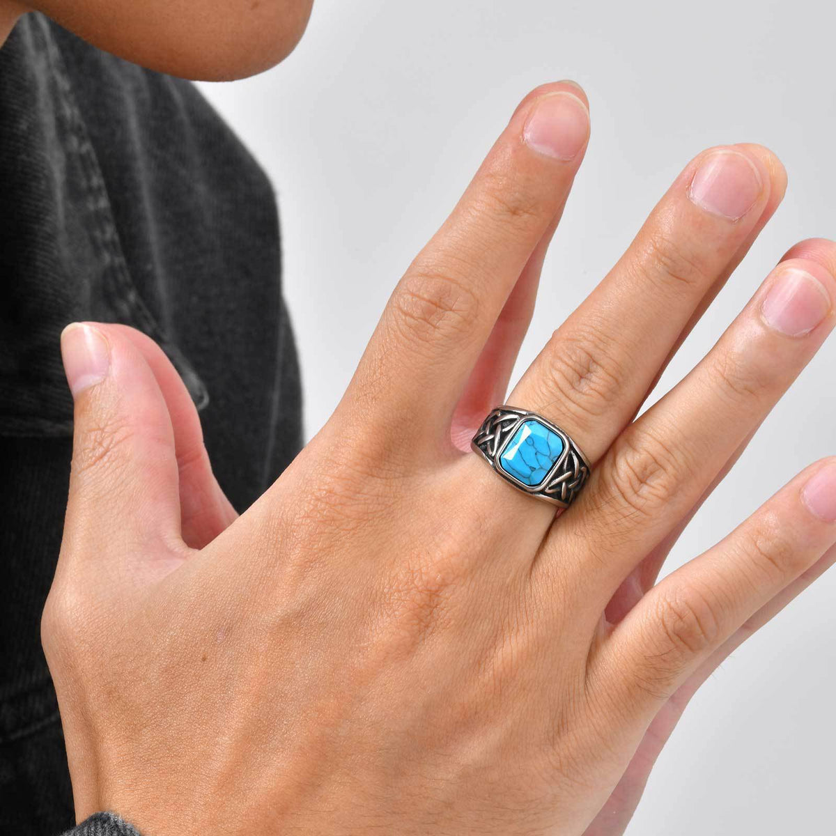 Stainless Steel Men's Finger Wrench Square Turquoise Natural Tiger's Eye Celtic Knot Ring
