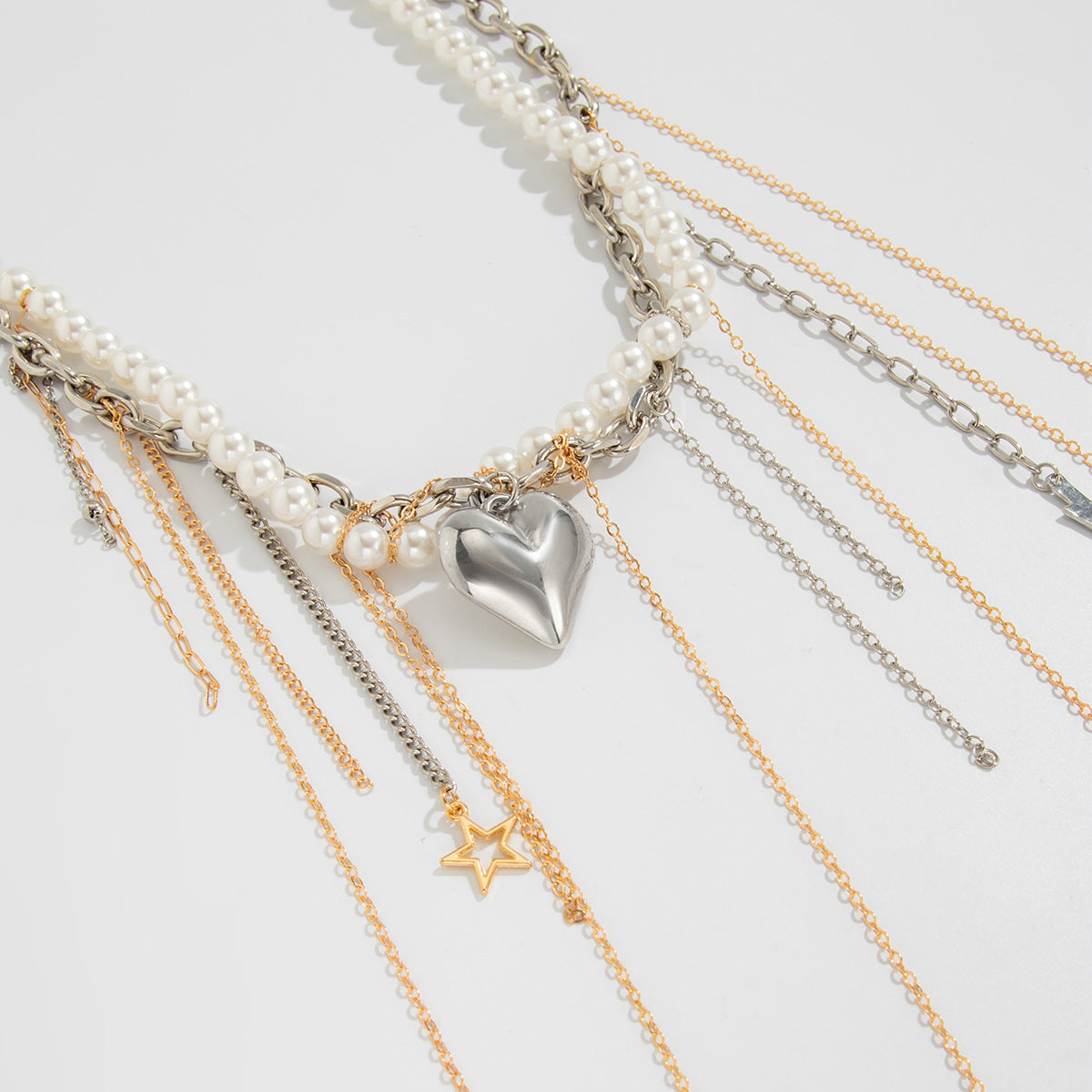 European and American cross-border jewelry exaggerated metal rivet cross necklace fashionable multi-layer imitation pearl star and moon fringed necklace