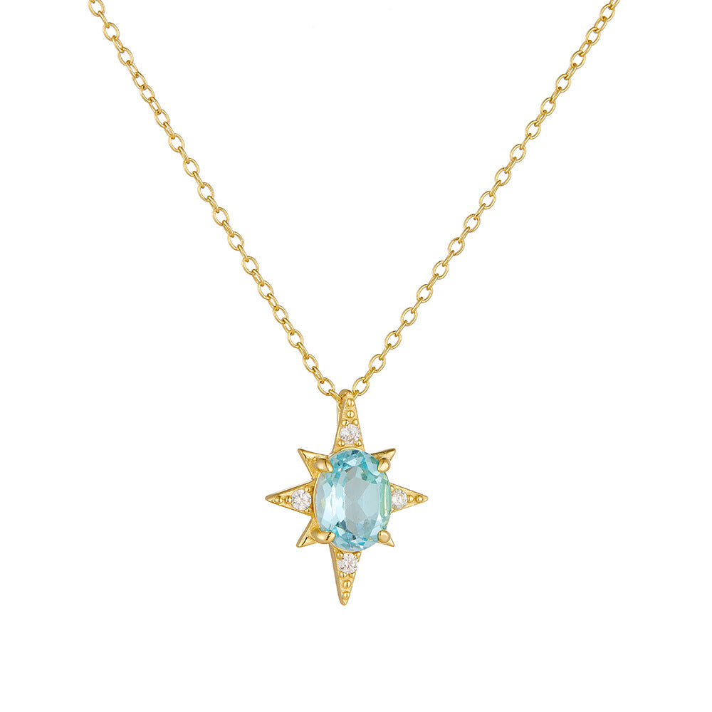 S925 Sterling Silver Octagram Pendant Sky Blue Natural Topaz Necklace