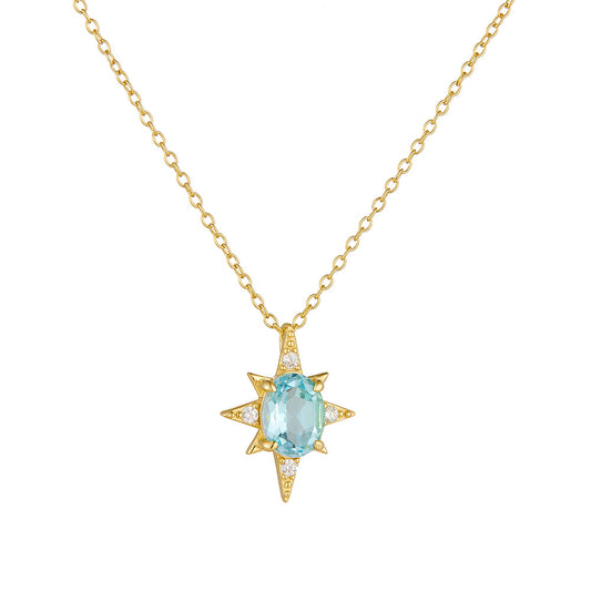 S925 Sterling Silver Octagram Pendant Sky Blue Natural Topaz Necklace