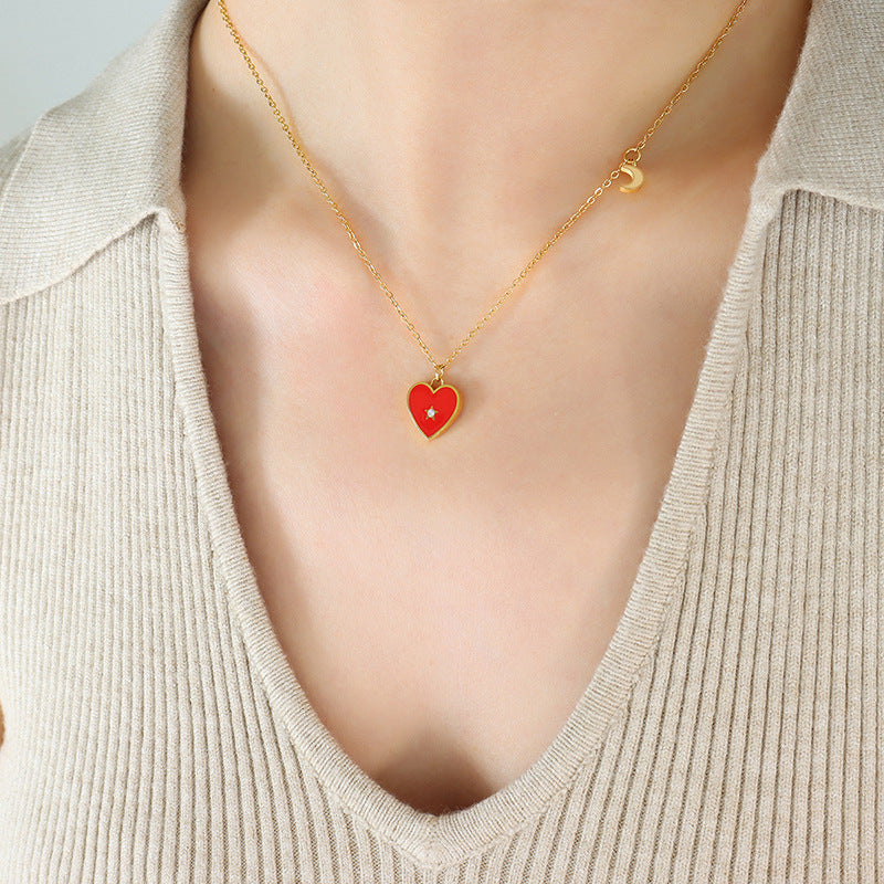 Peach Heart Zirconia Necklace with Lock Bone Chain