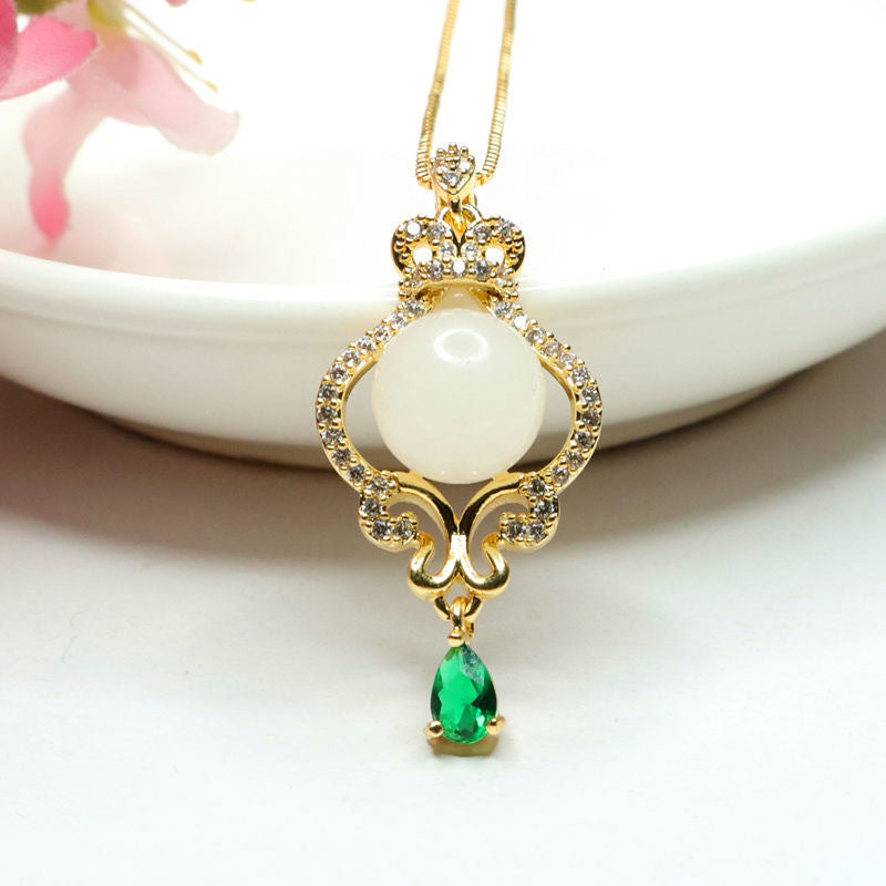 White Hetian Jade Crown Pendant — No Chain