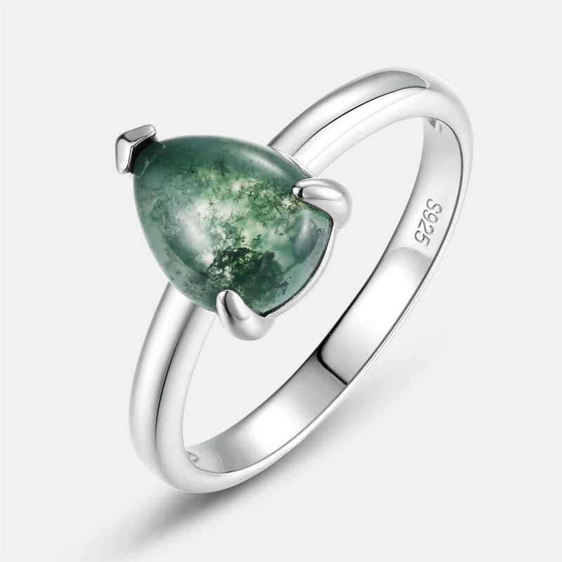 Planderful Jewelry Sterling Silver Agate Ring Pear Shape Green Moss Stone Geometric Design Everyday