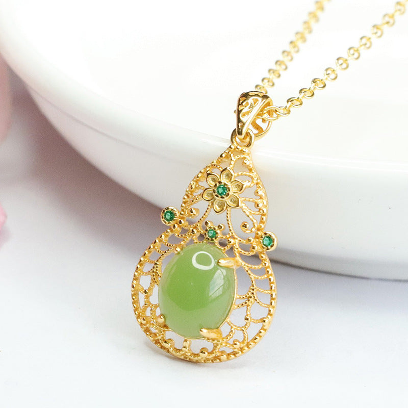 Sterling Silver Jade Pendant Necklace with Hollow Gourd Design