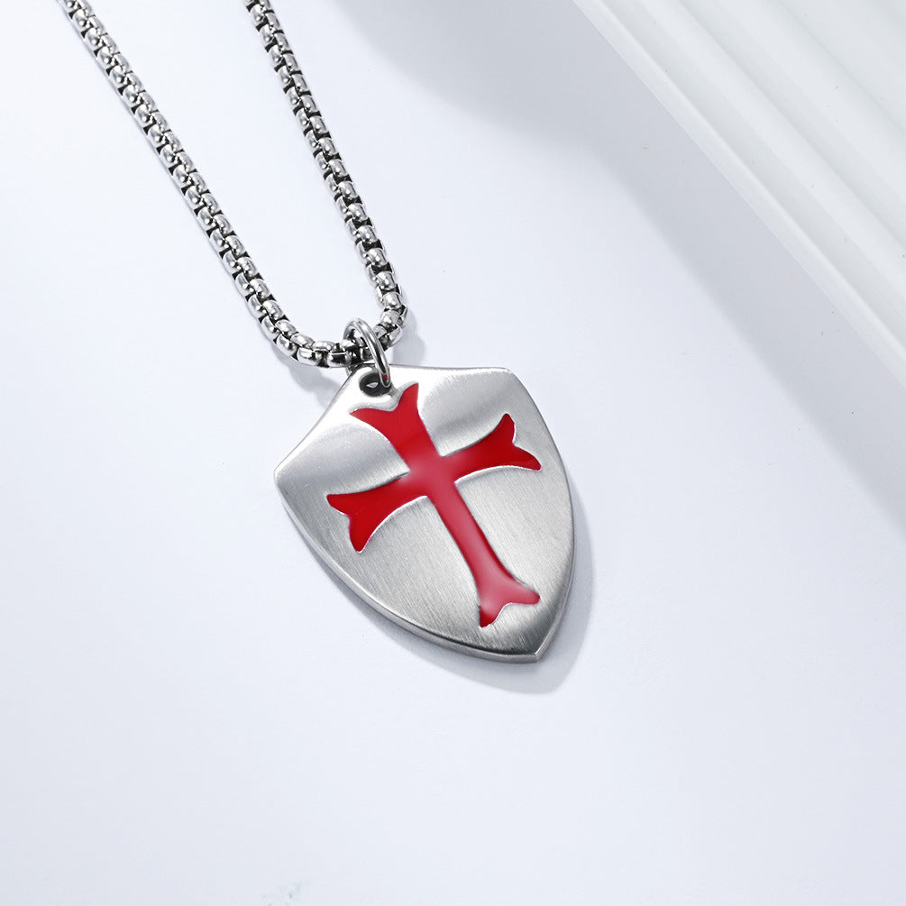 Cross Necklace For Men Matte Stainless Steel Shield Pendant By Planderful Shop Bold Retro Expedition Style