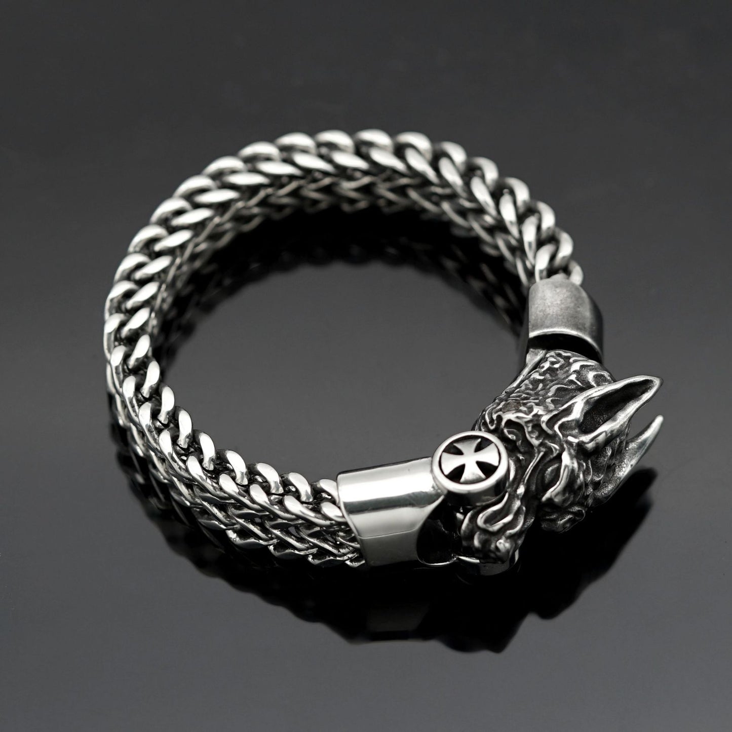 Planderful Nordic Viking Stainless Steel Mens Bracelet Double Layer Wolf Head Punk Style Unisex Accessory