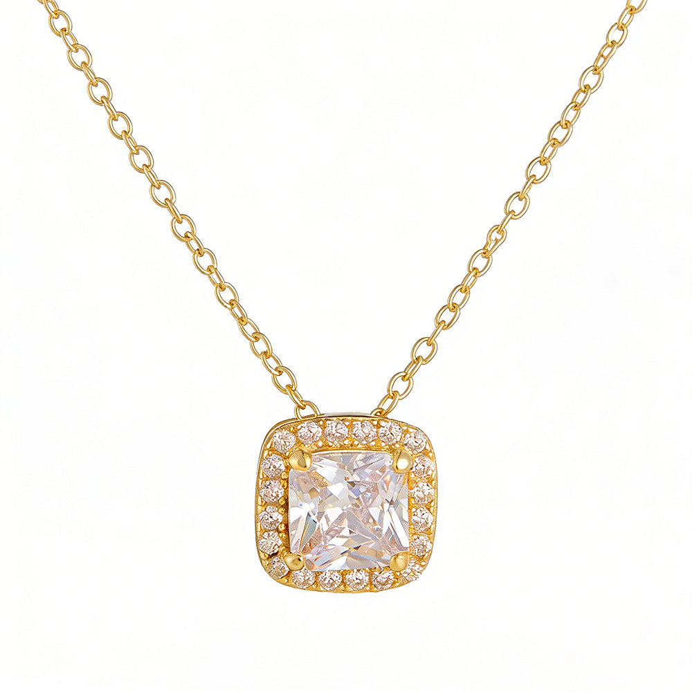 Korean Version S925 Sterling Silver Geometric Square Zircon Necklace Small