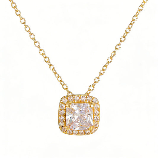Korean Version S925 Sterling Silver Geometric Square Zircon Necklace Small