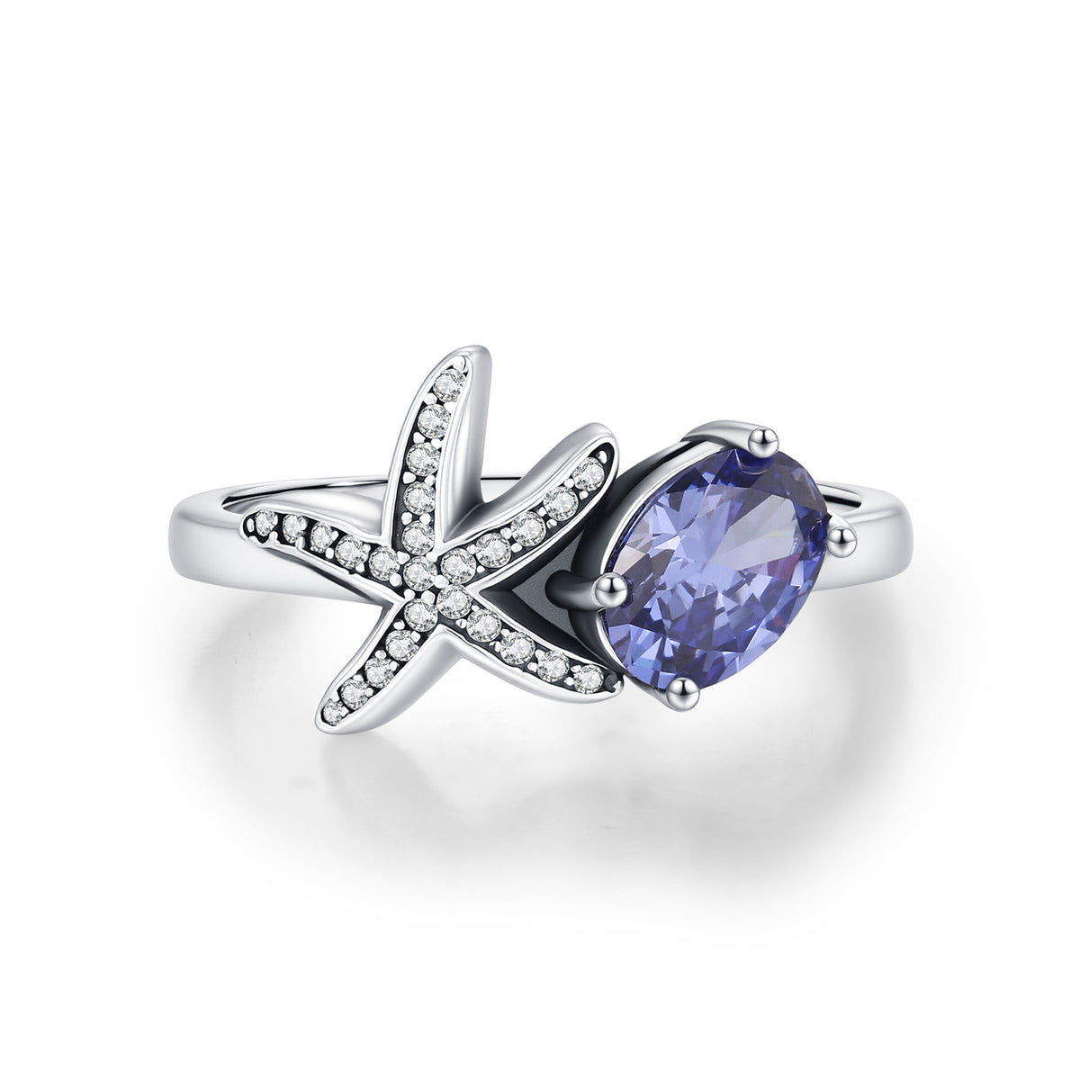925 Sterling Silver Starfish Star Tanzanite-Color Zircon Ring