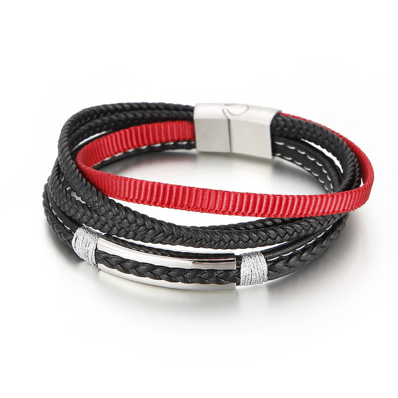 Planderful Titanium Steel Men Bracelet Multi Layer Cowhide