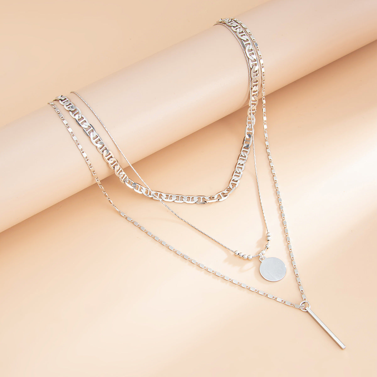 Disc & Bar Pendant Layered Chain Necklace