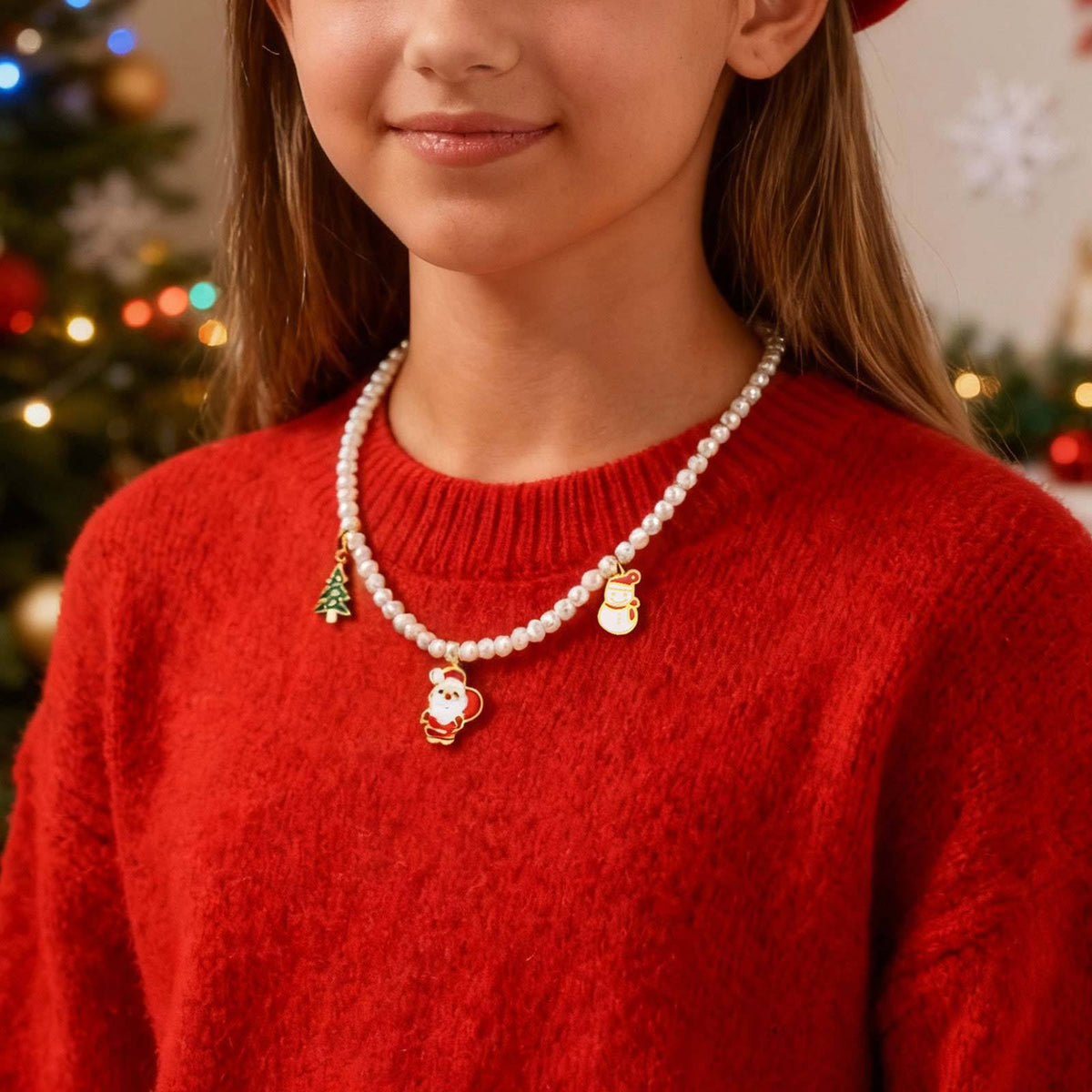 Stainless Steel Autumn & Winter Santa Claus Christmas Tree Snowman Imitation Pearl Necklace