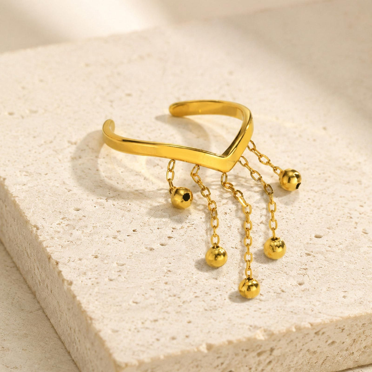 Ladies Open Ring Stainless Steel Gold V-Shaped Imitation Pearl Tassel Elegant