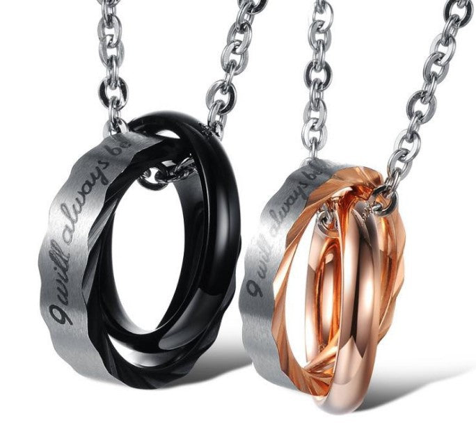 Stylish Interlocking Double Ring Pendant in Titanium Steel for Couples - Unique Fashion Statement for Him and Her