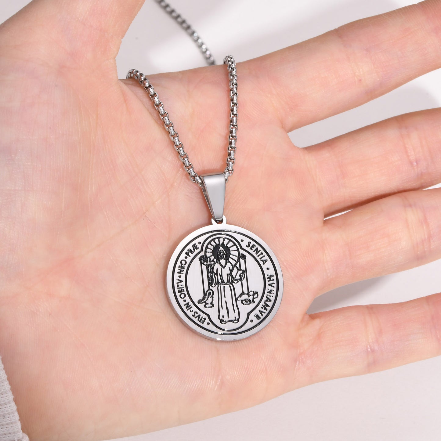 Men's Round Brand Pendant Necklace in Glossy Black Steel