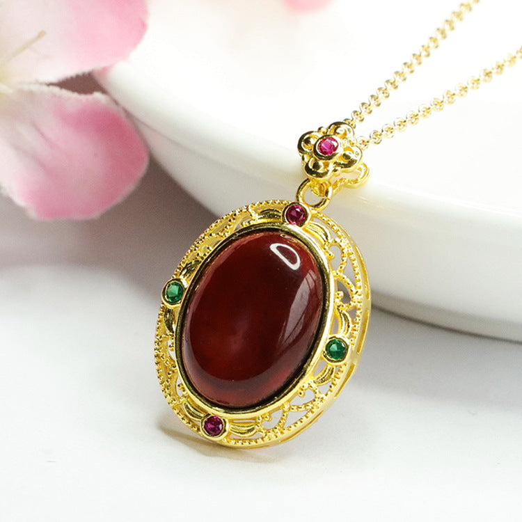 Egg Shaped Blood Amber Pendant with Zircon Flower Necklace - Vintage Sterling Silver Jewelry