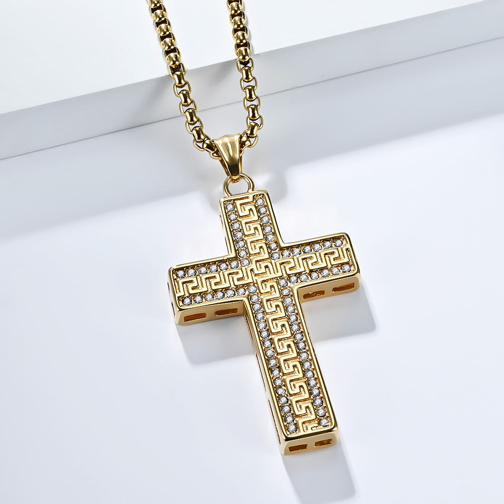 Titanium Steel Cross Necklace For Men By Planderful Featuring Zircon Great Wall Pattern Hip Hop Style