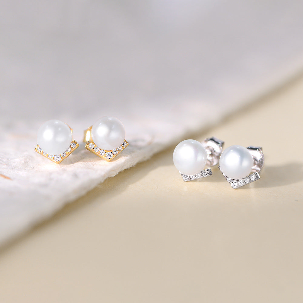 Planderful Shop S925 Sterling Silver Pearl Stud Earrings V Shaped Zircon Inlaid Natural Pearl Women Luxury