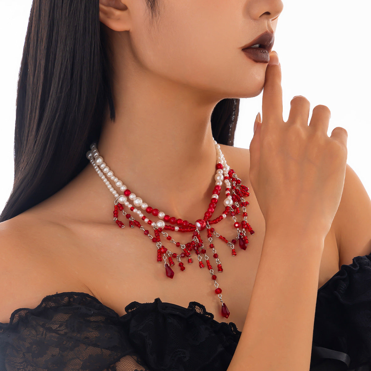 Gothic bat blood-stained fringed clavicle multi-layer necklace, European and American cross-border niche beaded blood handmade necklace women