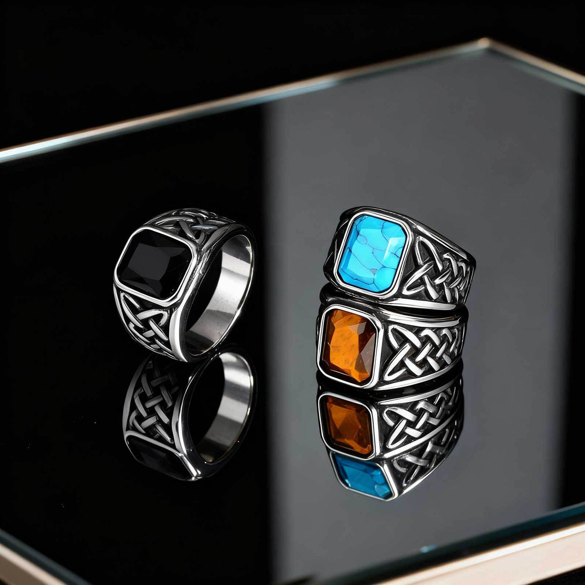 Stainless Steel Men's Finger Wrench Square Turquoise Natural Tiger's Eye Celtic Knot Ring