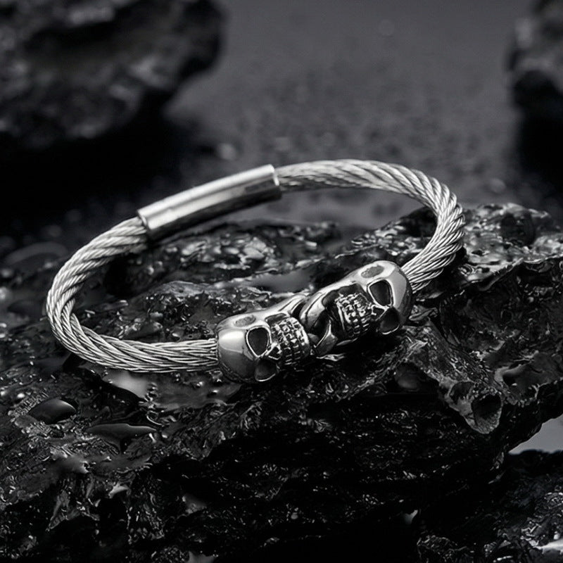 Skull Titanium Steel Bracelet – Gothic Double Skull Steel Wire Bracelet