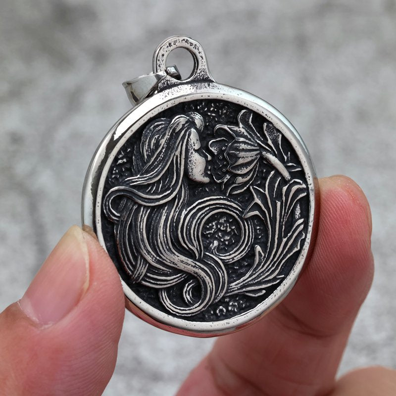 Stainless Steel Pendant Necklace For Men And Women Vintage Double Sided Medal With Flower Design Planderful