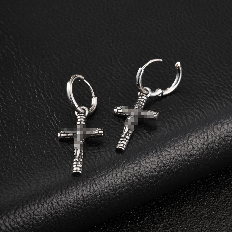 Antique Silver Cross Hoop Earring — Single