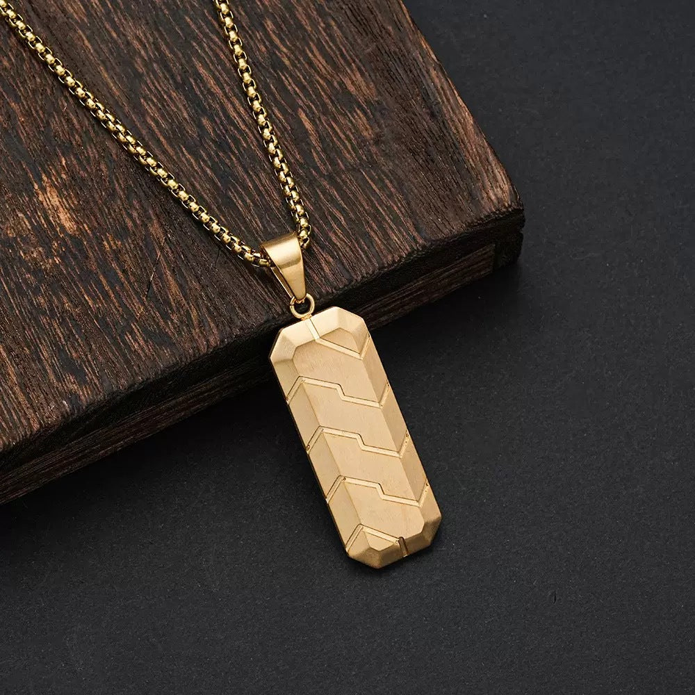 Planderful Mens Hexagonal 3D Beveled Tire Pendant Stainless Steel Necklace Hip Hop Retro Style