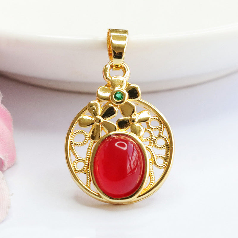 Oval Natural Red Agate Chalcedony Flower Hollow Round Golden Pendant