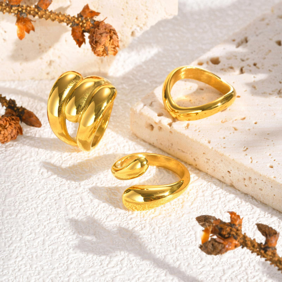Stylish Stainless Steel Smooth Three-Layer Water Drop Geometric Wave Gold Ring