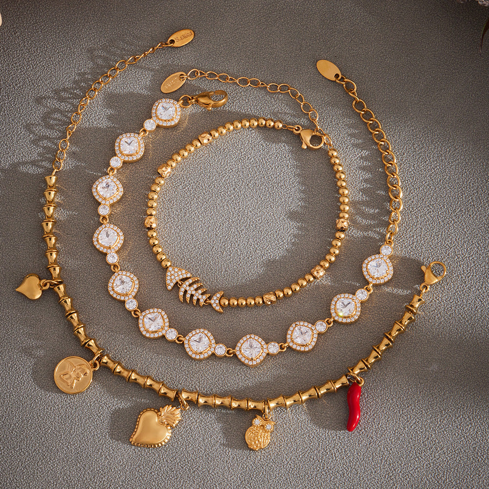 Planderful Zircon Fish Bone Bracelet 18K Gold Plated Ladies