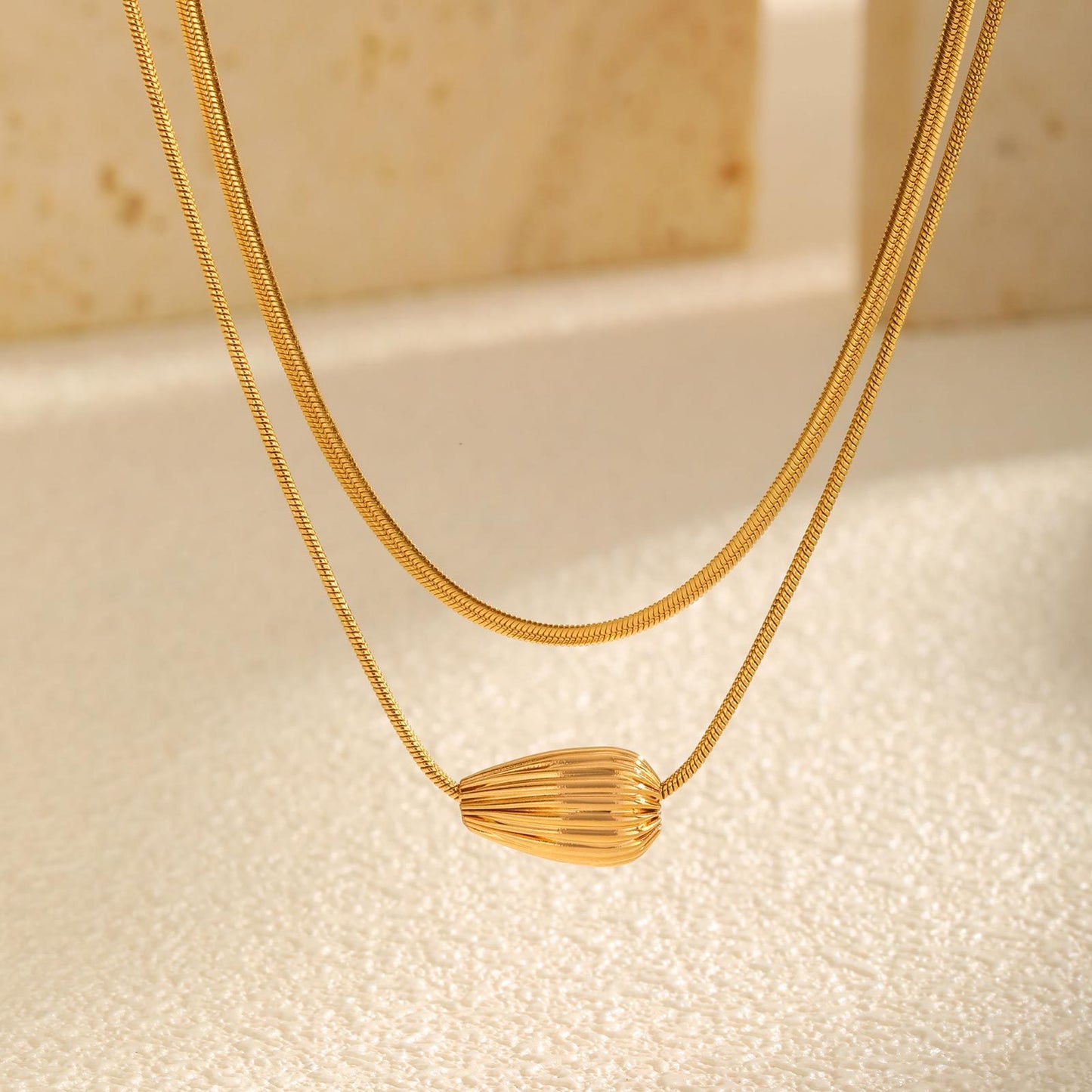 Stainless Steel Strip Gold-Plated Pattern Water Drop Bead Spacer Double Layer Stacked Necklace