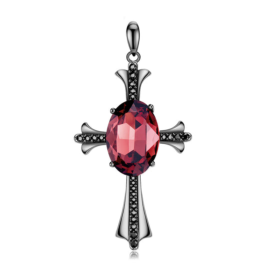Black Cross Oval Red Zircon Silver Pendant
