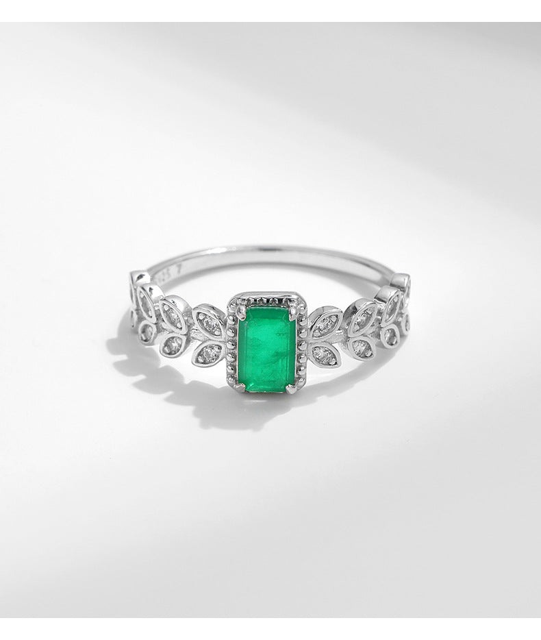 Retro Emerald Cut Green Zircon Leaf Sterling Silver Ring