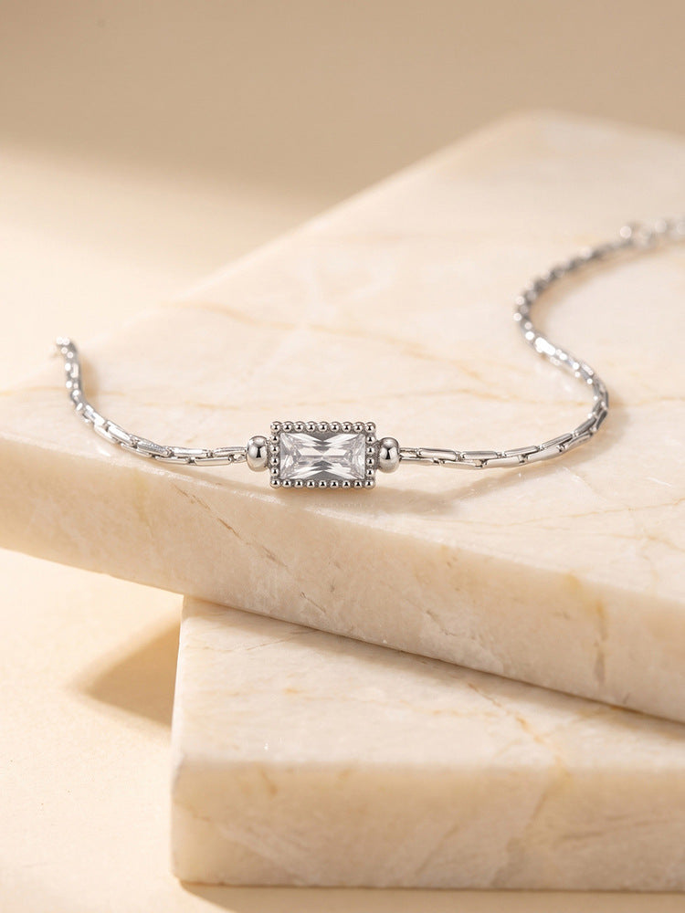 Stainless Steel Hammer Pattern Rectangular Zircon Urban Exquisite Necklace